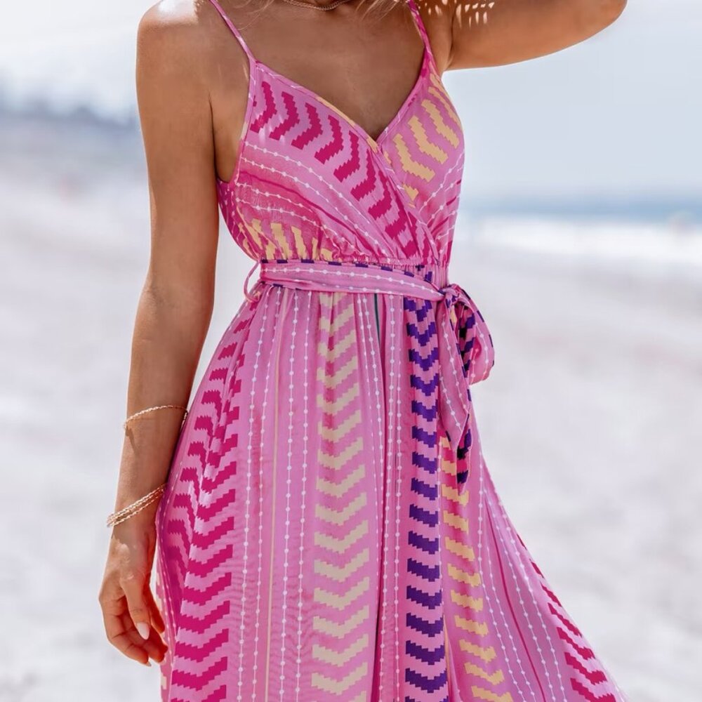 Pink printed V-neck belted maxi dress